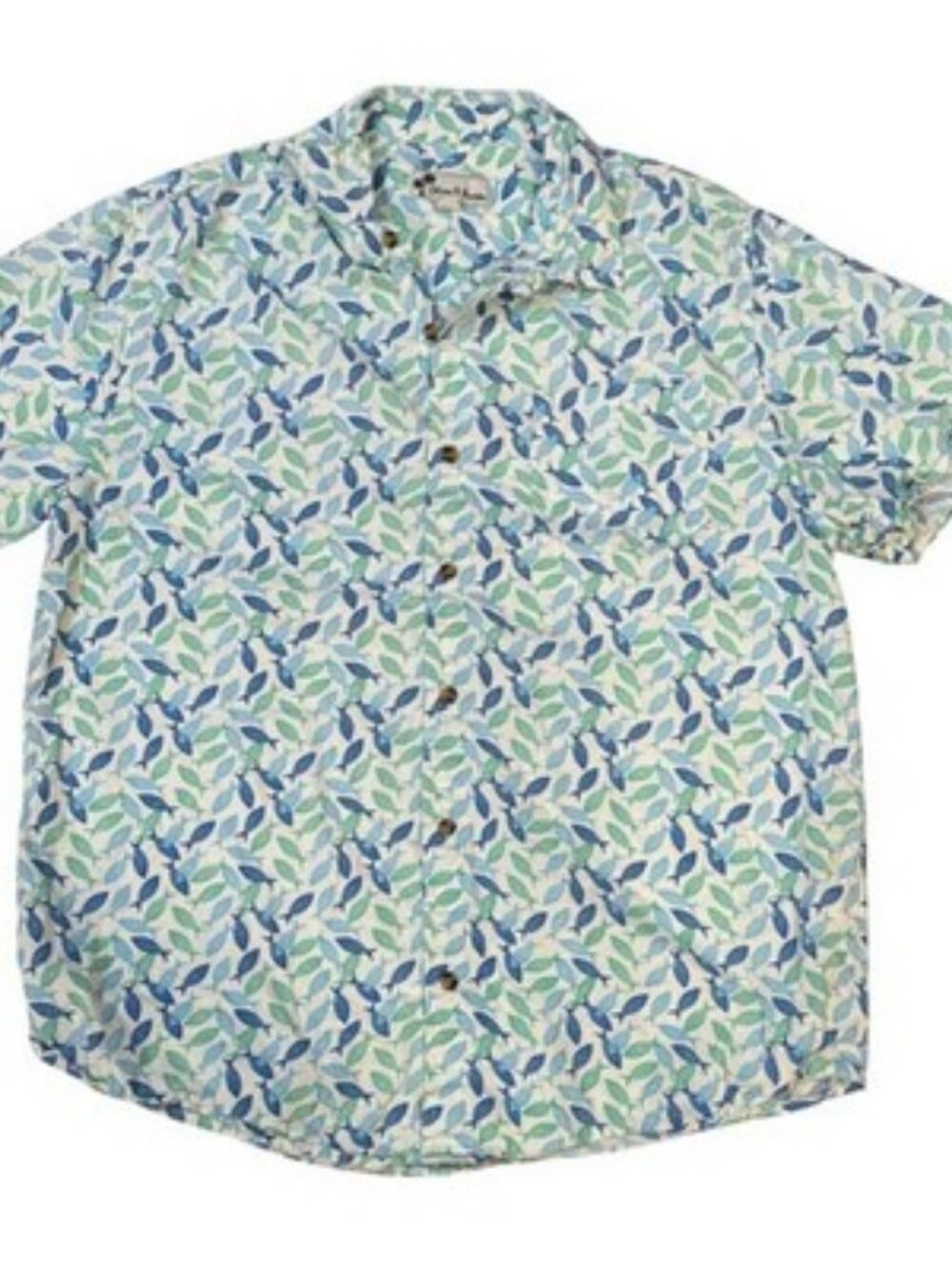 Oliver & Burke Mens XL Short Sleeve Button Down Shirt Blue Green Fish Print